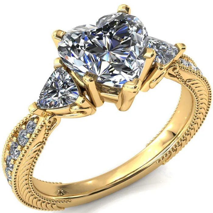 Fire Brilliance Rings Liah Heart Moissanite Side Trillion Milgrain Shank Diamond Ring