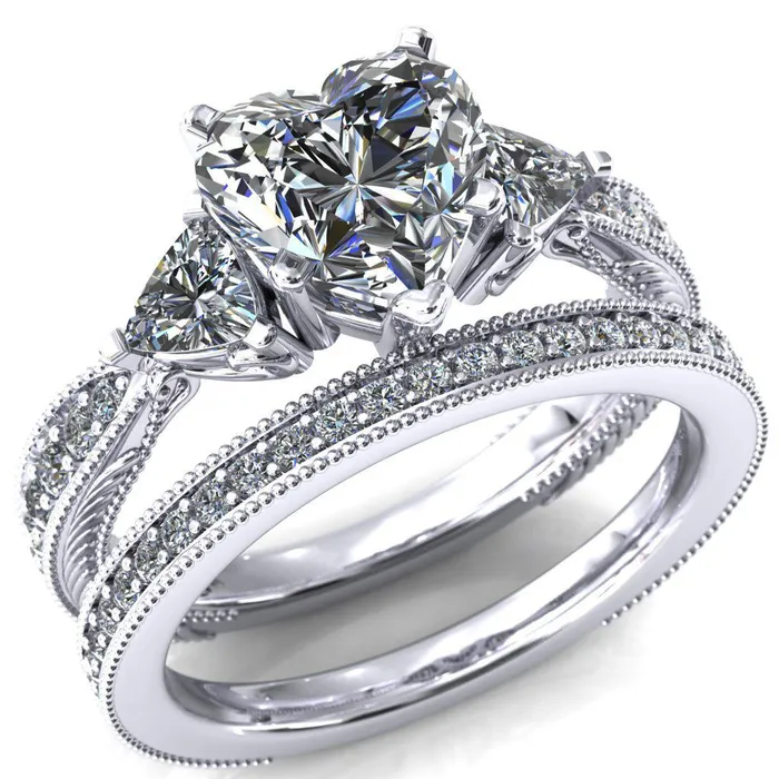 Fire Brilliance Rings Liah Heart Moissanite Side Trillion Milgrain Shank Diamond Ring