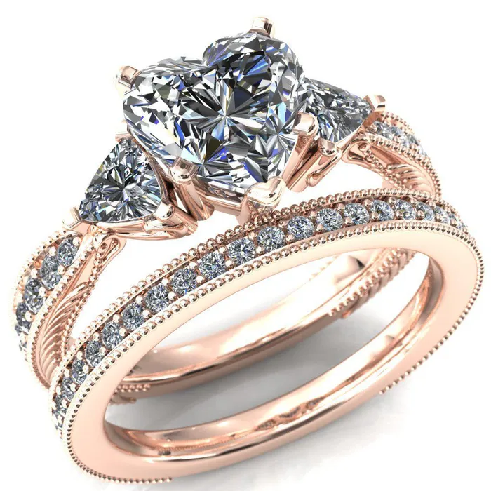 Fire Brilliance Rings Liah Heart Moissanite Side Trillion Milgrain Shank Diamond Ring