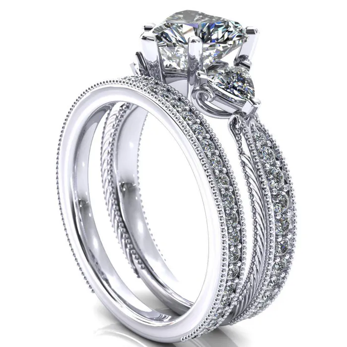 Fire Brilliance Rings Liah Heart Moissanite Side Trillion Milgrain Shank Diamond Ring