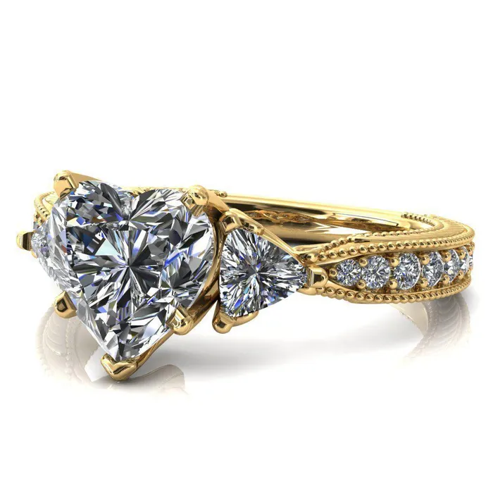 Fire Brilliance Rings Liah Heart Moissanite Side Trillion Milgrain Shank Diamond Ring