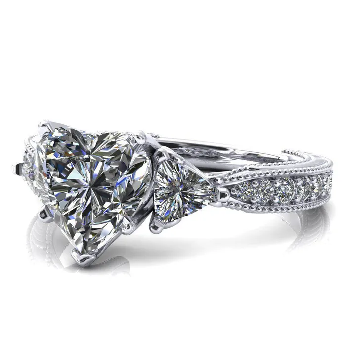 Fire Brilliance Rings Liah Heart Moissanite Side Trillion Milgrain Shank Diamond Ring