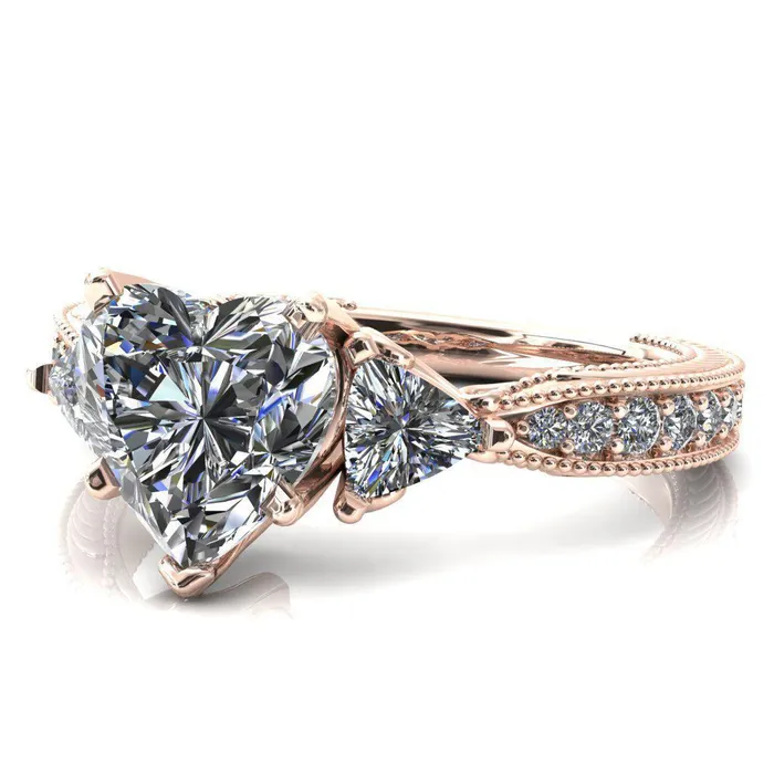 Fire Brilliance Rings Liah Heart Moissanite Side Trillion Milgrain Shank Diamond Ring