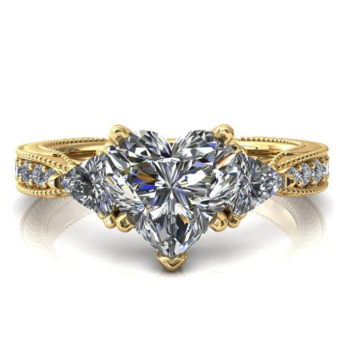 Fire Brilliance Rings Liah Heart Moissanite Side Trillion Milgrain Shank Diamond Ring