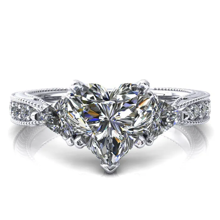 Fire Brilliance Rings Liah Heart Moissanite Side Trillion Milgrain Shank Diamond Ring