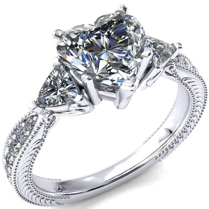 Fire Brilliance Rings Liah Heart Moissanite Side Trillion Milgrain Shank Diamond Ring
