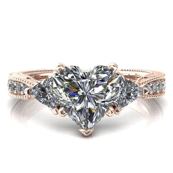 Fire Brilliance Rings Liah Heart Moissanite Side Trillion Milgrain Shank Diamond Ring
