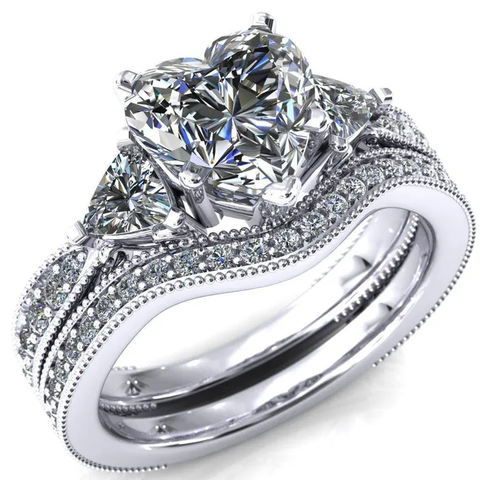 Fire Brilliance Rings Liah Heart Moissanite Side Trillion Milgrain Shank Diamond Ring