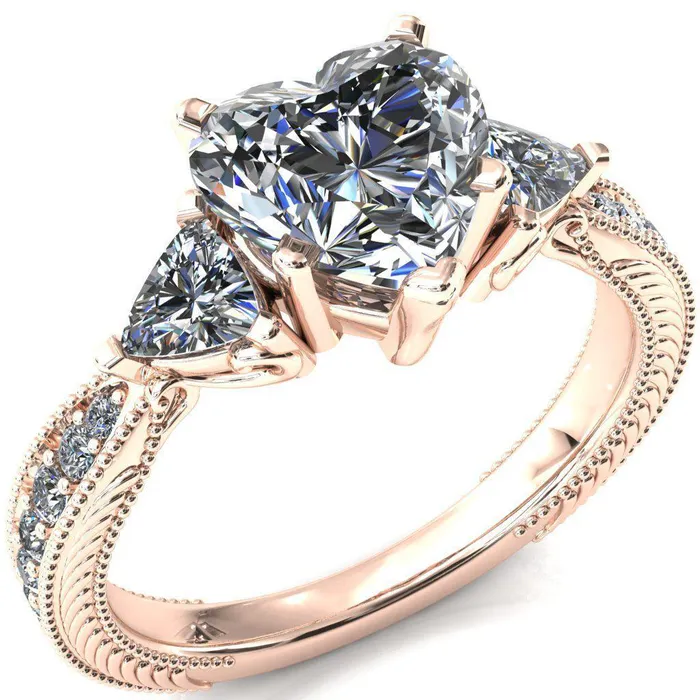 Fire Brilliance Rings Liah Heart Moissanite Side Trillion Milgrain Shank Diamond Ring
