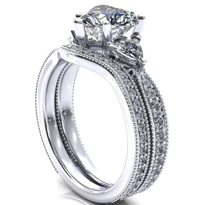 Fire Brilliance Rings Liah Heart Moissanite Side Trillion Milgrain Shank Diamond Ring