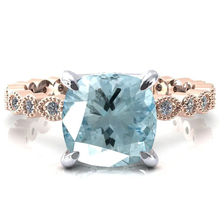 Fire Brilliance Rings Lizette Cushion Aqua Blue Spinel 4 Claw Prong 34 Eternity Milgrain Diamond Shank Engagement Ring