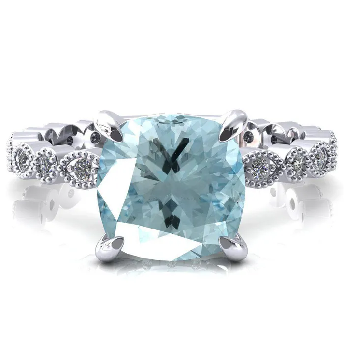 Fire Brilliance Rings Lizette Cushion Aqua Blue Spinel 4 Claw Prong 34 Eternity Milgrain Diamond Shank Engagement Ring
