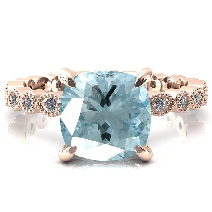 Fire Brilliance Rings Lizette Cushion Aqua Blue Spinel 4 Claw Prong 34 Eternity Milgrain Diamond Shank Engagement Ring