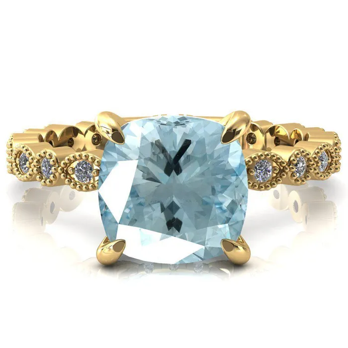 Fire Brilliance Rings Lizette Cushion Aqua Blue Spinel 4 Claw Prong 34 Eternity Milgrain Diamond Shank Engagement Ring