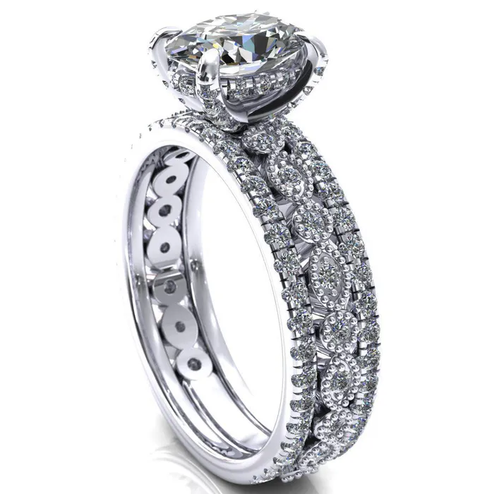 Fire Brilliance Rings Lizette Oval Center Stone 4 Claw Prong 34 Eternity Milgrain Diamond Shank Engagement Ring