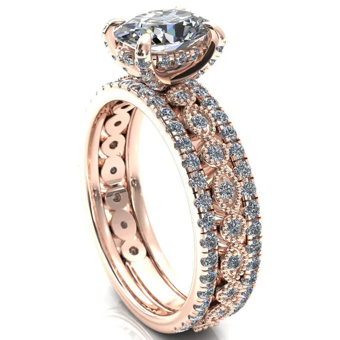 Fire Brilliance Rings Lizette Oval Center Stone 4 Claw Prong 34 Eternity Milgrain Diamond Shank Engagement Ring