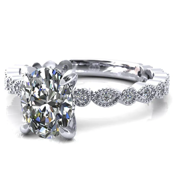 Fire Brilliance Rings Lizette Oval Center Stone 4 Claw Prong 34 Eternity Milgrain Diamond Shank Engagement Ring