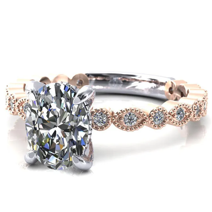Fire Brilliance Rings Lizette Oval Center Stone 4 Claw Prong 34 Eternity Milgrain Diamond Shank Engagement Ring