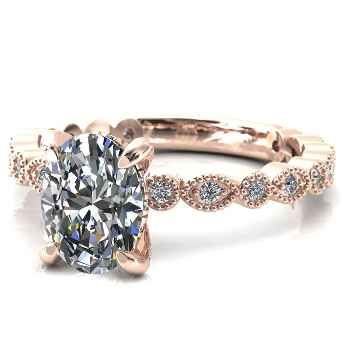 Fire Brilliance Rings Lizette Oval Center Stone 4 Claw Prong 34 Eternity Milgrain Diamond Shank Engagement Ring