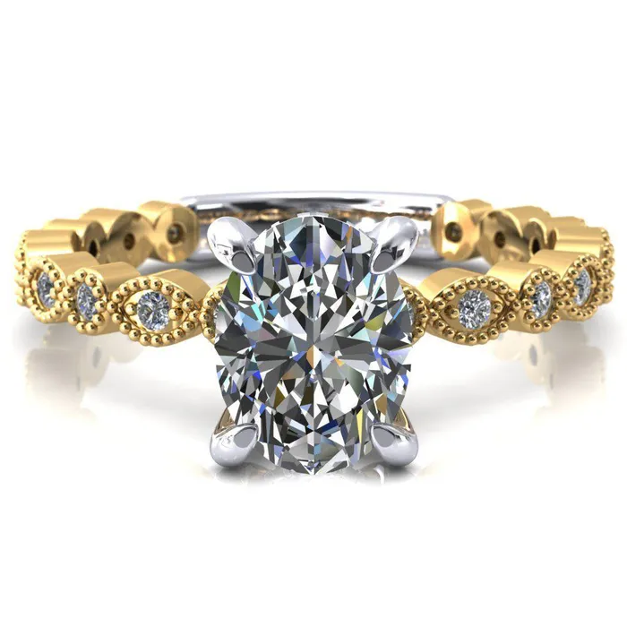 Fire Brilliance Rings Lizette Oval Center Stone 4 Claw Prong 34 Eternity Milgrain Diamond Shank Engagement Ring