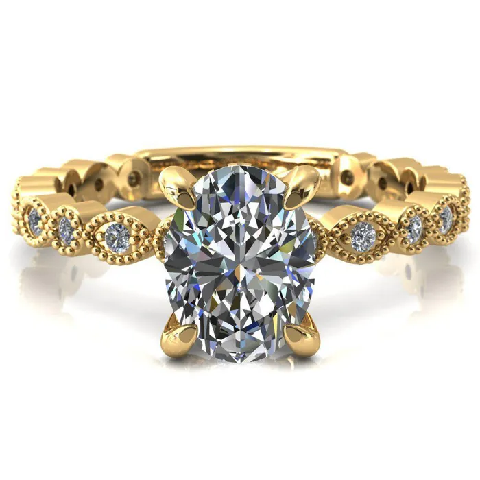 Fire Brilliance Rings Lizette Oval Center Stone 4 Claw Prong 34 Eternity Milgrain Diamond Shank Engagement Ring