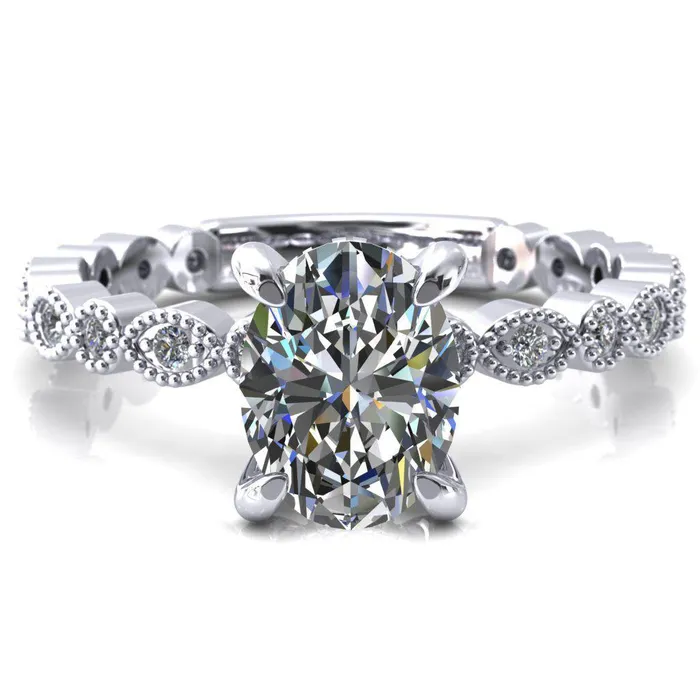 Fire Brilliance Rings Lizette Oval Center Stone 4 Claw Prong 34 Eternity Milgrain Diamond Shank Engagement Ring