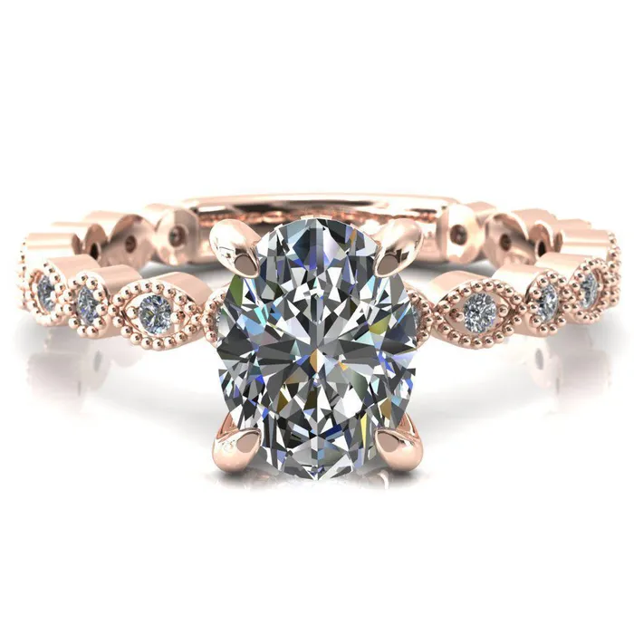 Fire Brilliance Rings Lizette Oval Center Stone 4 Claw Prong 34 Eternity Milgrain Diamond Shank Engagement Ring