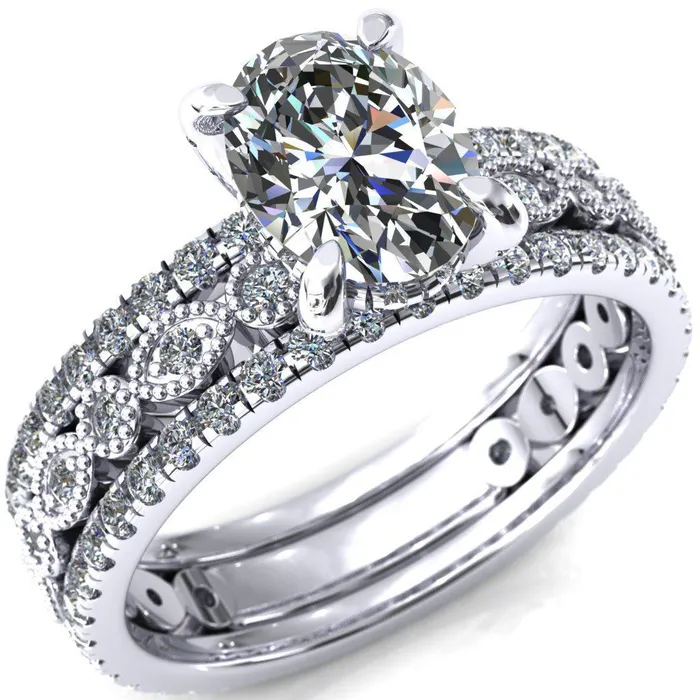 Fire Brilliance Rings Lizette Oval Center Stone 4 Claw Prong 34 Eternity Milgrain Diamond Shank Engagement Ring