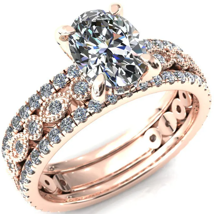 Fire Brilliance Rings Lizette Oval Center Stone 4 Claw Prong 34 Eternity Milgrain Diamond Shank Engagement Ring