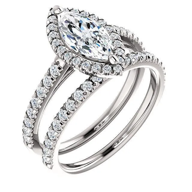 Fire Brilliance Rings Marquise Moissanite Diamond Accent Ice Halo Cathedral Ring Fire Brilliance Rings Marquise Moissanite Diamond Accent Ice Halo Cathedral Ring