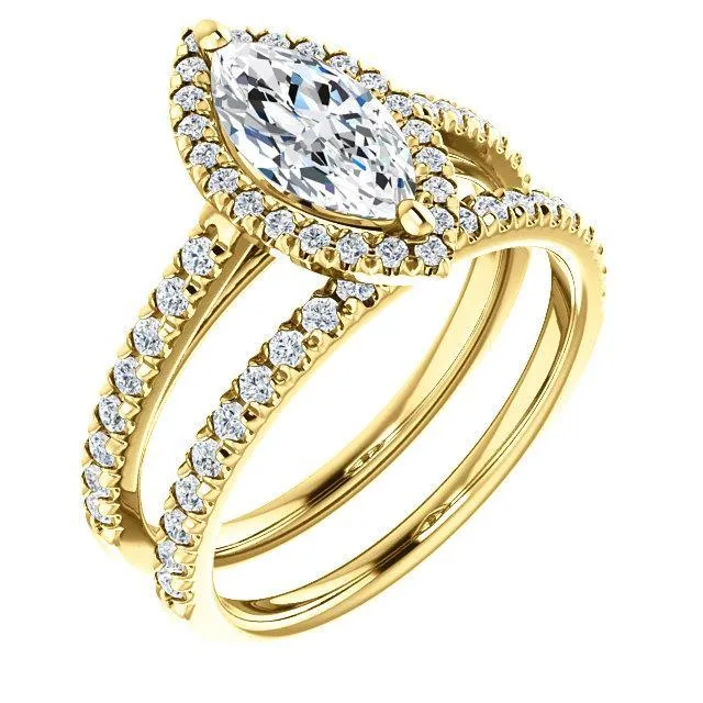 Fire Brilliance Rings Marquise Moissanite Diamond Accent Ice Halo Cathedral Ring