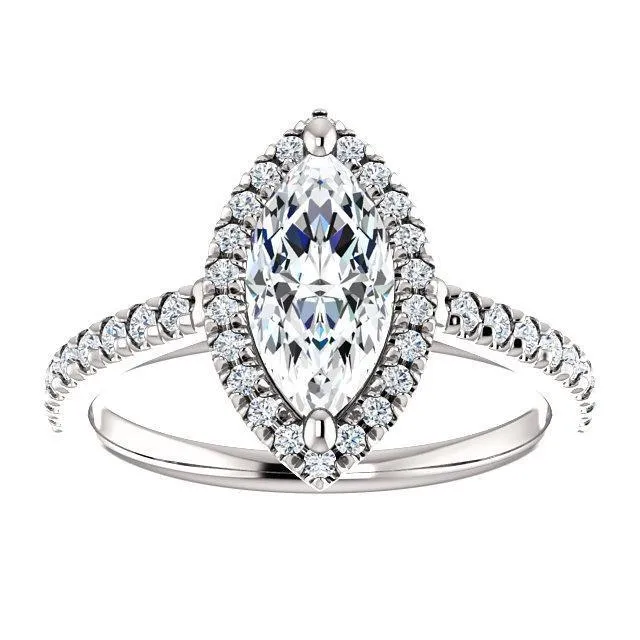 Fire Brilliance Rings Marquise Moissanite Diamond Accent Ice Halo Cathedral Ring