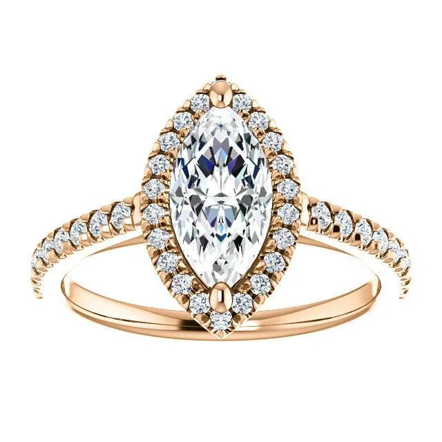 Fire Brilliance Rings Marquise Moissanite Diamond Accent Ice Halo Cathedral Ring