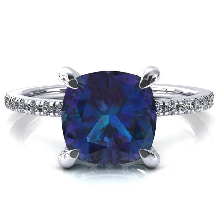Fire Brilliance Rings Mayeli Cushion Alexandrite 4 Claw Prong Micro Pave Diamond Sides Engagement Ring Fire Brilliance Rings Mayeli Cushion Alexandrite 4 Claw Prong Micro Pave Diamond Sides Engagement Ring
