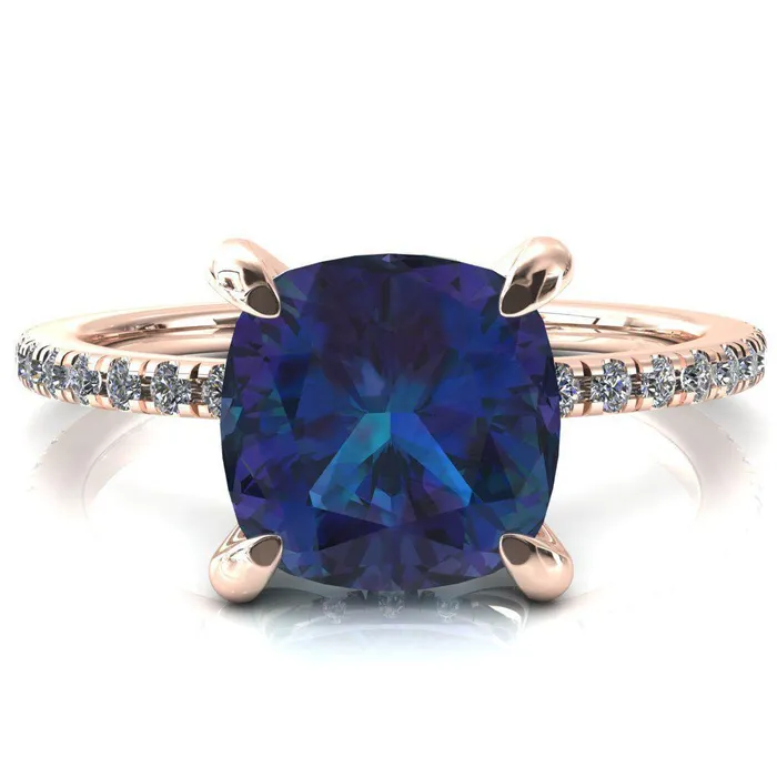 Fire Brilliance Rings Mayeli Cushion Alexandrite 4 Claw Prong Micro Pave Diamond Sides Engagement Ring