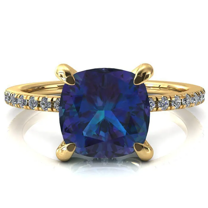 Fire Brilliance Rings Mayeli Cushion Alexandrite 4 Claw Prong Micro Pave Diamond Sides Engagement Ring