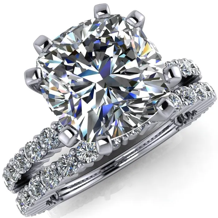 Fire Brilliance Rings Melina Cushion Center Stone 8 Prong Shared Prong Shank Engagement Ring Fire Brilliance Rings Melina Cushion Center Stone 8 Prong Shared Prong Shank Engagement Ring