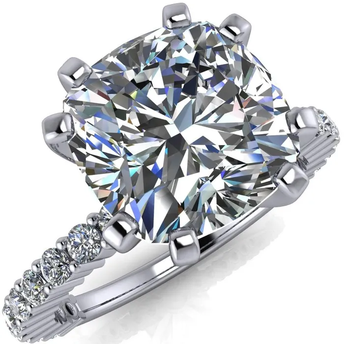 Fire Brilliance Rings Melina Cushion Center Stone 8 Prong Shared Prong Shank Engagement Ring