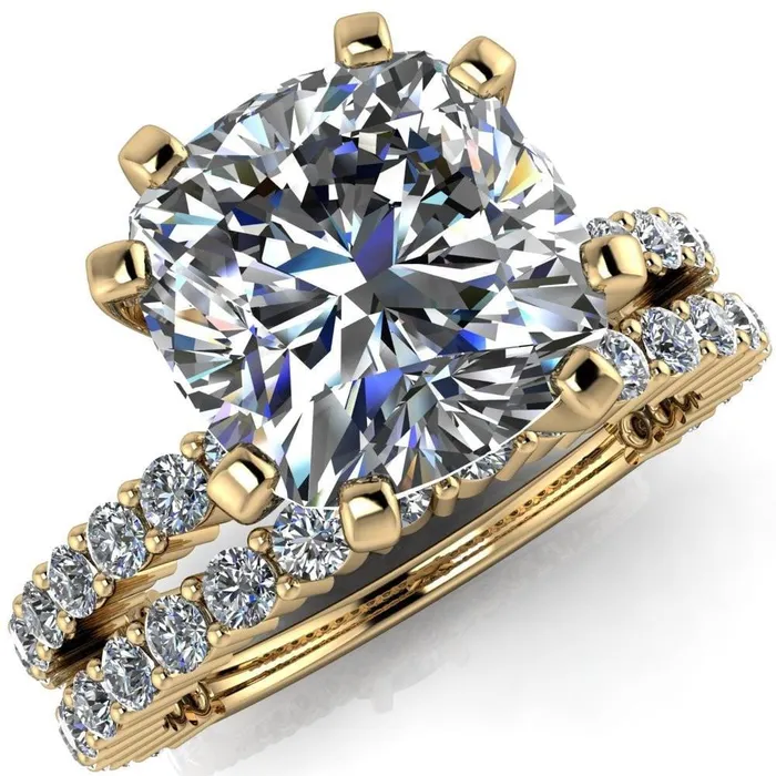 Fire Brilliance Rings Melina Cushion Center Stone 8 Prong Shared Prong Shank Engagement Ring