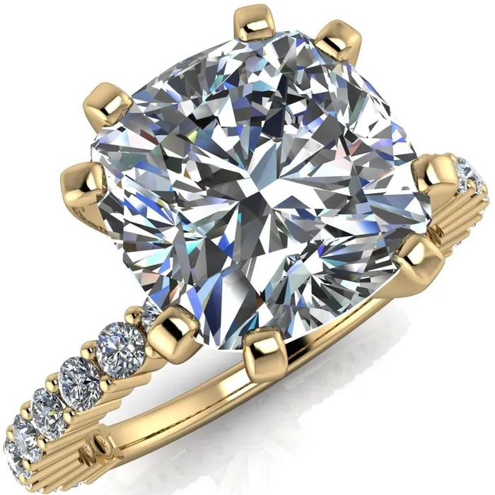 Fire Brilliance Rings Melina Cushion Center Stone 8 Prong Shared Prong Shank Engagement Ring