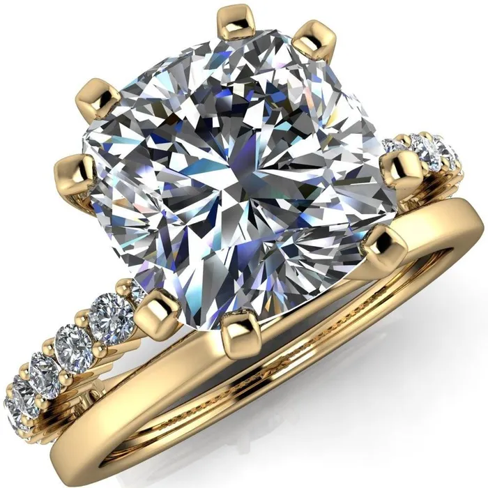 Fire Brilliance Rings Melina Cushion Center Stone 8 Prong Shared Prong Shank Engagement Ring