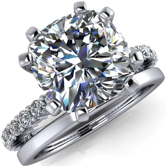 Fire Brilliance Rings Melina Cushion Center Stone 8 Prong Shared Prong Shank Engagement Ring