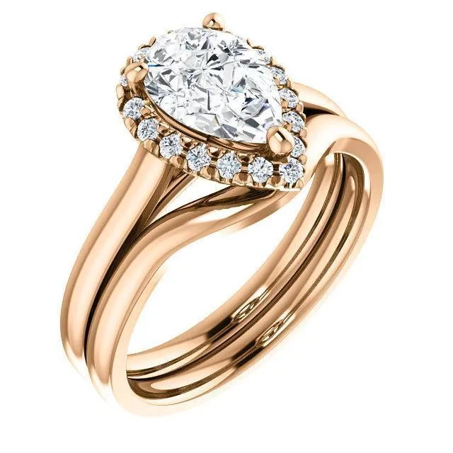 Fire Brilliance Rings Pear Moissanite Diamond Accent Ice Halo FrenchSet Ring