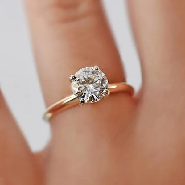 Fire Brilliance Rings Round Center Stone 14K or 18K TwoTone Yellow Gold Band and White Gold 4 Prongs Solitaire Ring
