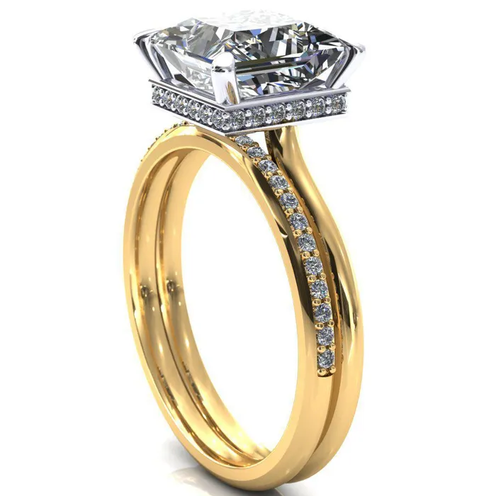 Fire Brilliance Rings Secret SquarePrincess Moissanite 4 Prong Floating Halo Engagement Ring