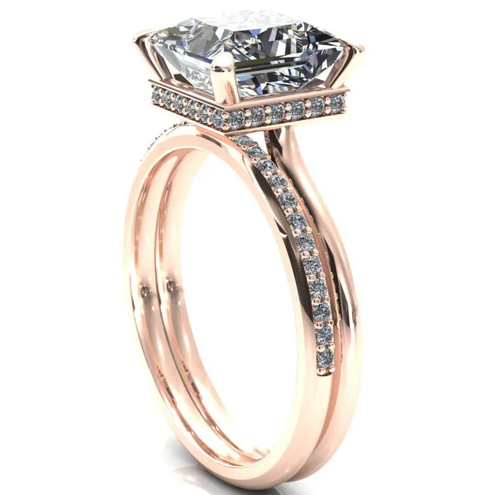 Fire Brilliance Rings Secret SquarePrincess Moissanite 4 Prong Floating Halo Engagement Ring