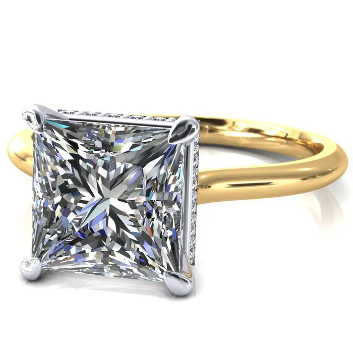Fire Brilliance Rings Secret SquarePrincess Moissanite 4 Prong Floating Halo Engagement Ring