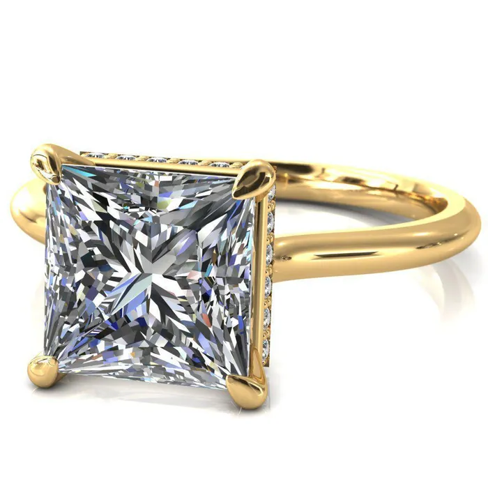 Fire Brilliance Rings Secret SquarePrincess Moissanite 4 Prong Floating Halo Engagement Ring