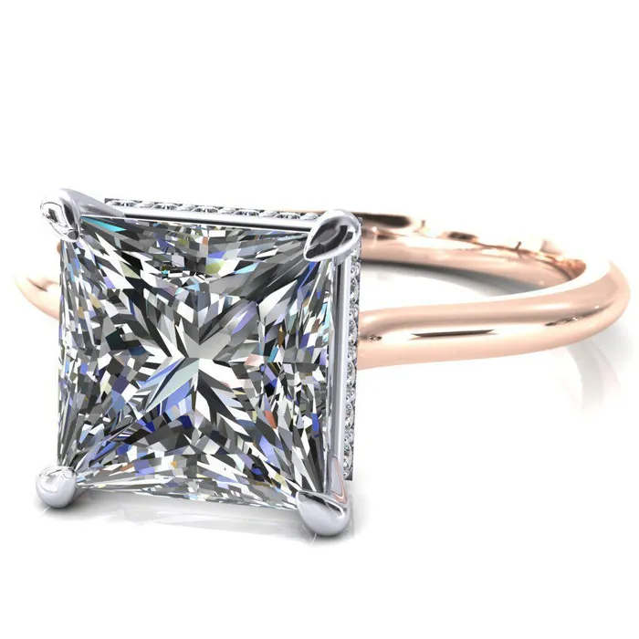 Fire Brilliance Rings Secret SquarePrincess Moissanite 4 Prong Floating Halo Engagement Ring
