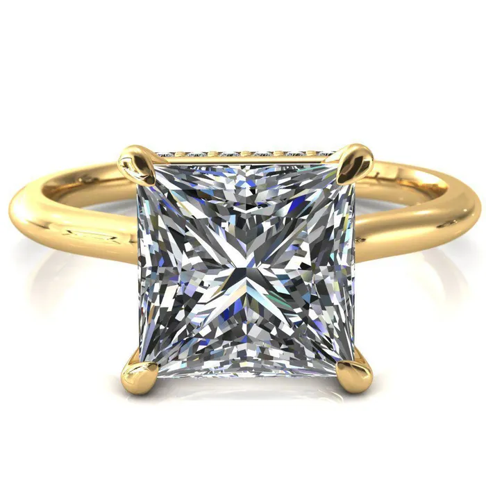 Fire Brilliance Rings Secret SquarePrincess Moissanite 4 Prong Floating Halo Engagement Ring